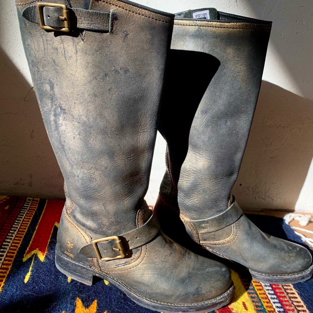 Frye X Coach black and gold leather riding boots